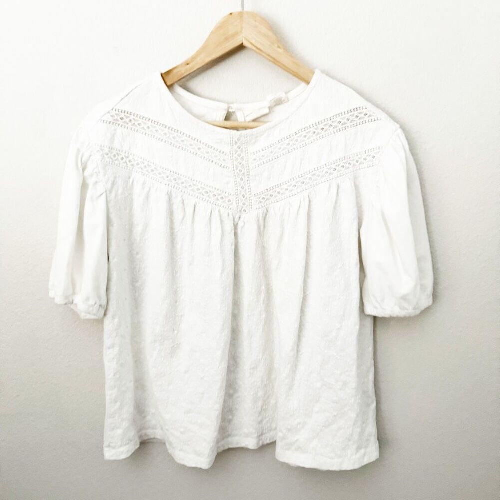C&C CALIFORNIA | White Embroidered Lace Boho Puffed Sleeves Blouse | Size Medium